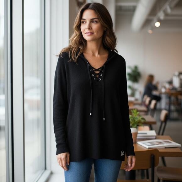 Michael Kors Black Knit Hoodie with Rhinestone Logo XL Lace Up - Picture 1 of 6